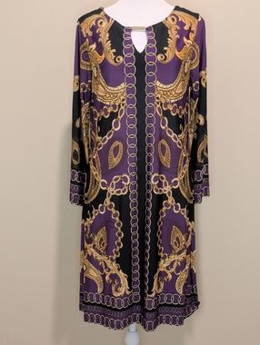 Blooming Rose Baroque Chain Purple & Black Long-Sleeve Midi Dress